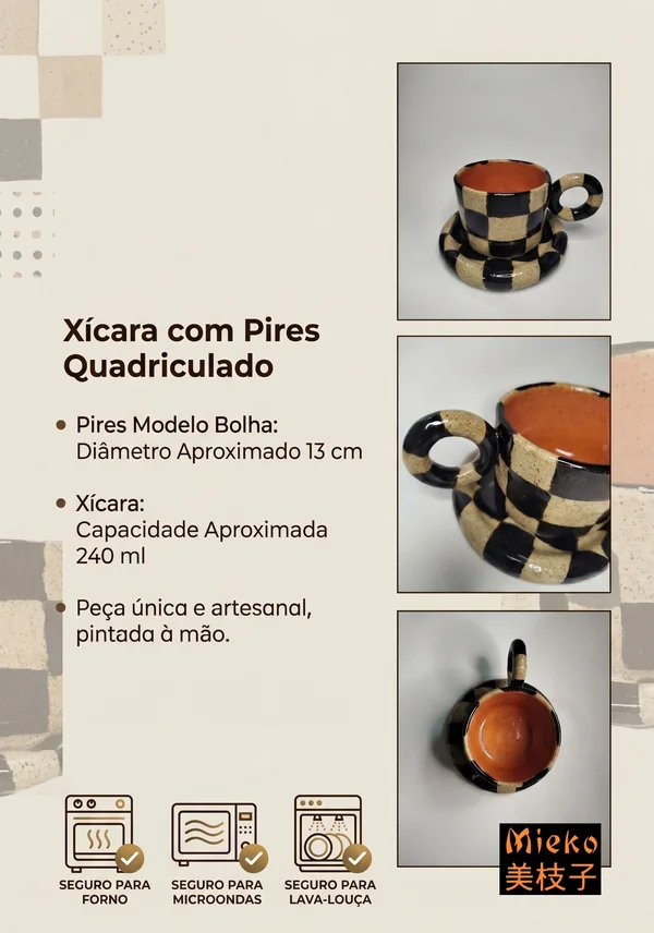 R$ 110 (PIX) R$ 120 (CARTÃO) - Conjunto Xícara Com Pires Quadriculado